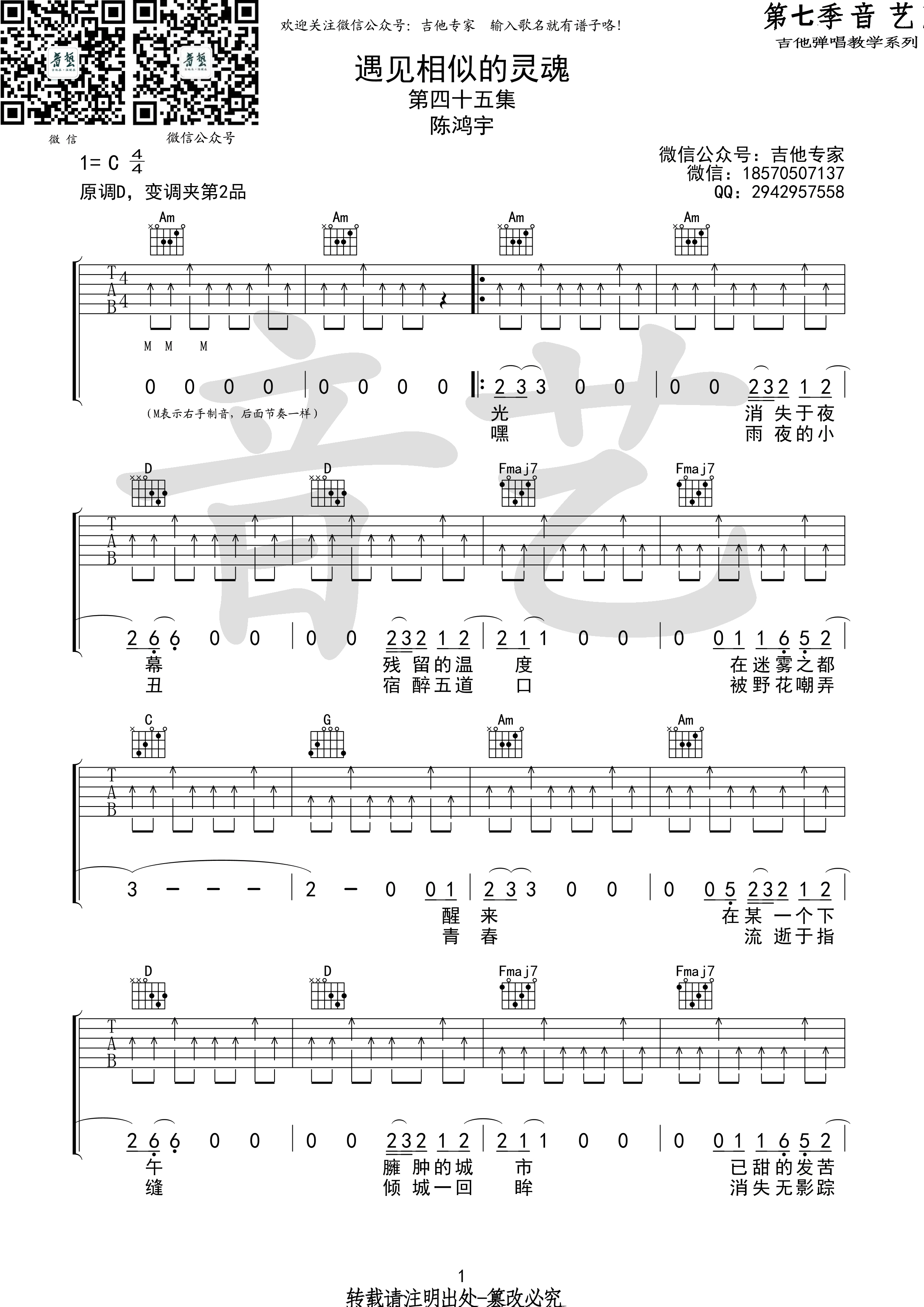 《遇见相似的灵魂 陈鸿宇 C调原版编配（音艺乐器编配）吉他谱》_群星_C调_吉他图片谱1张 图1