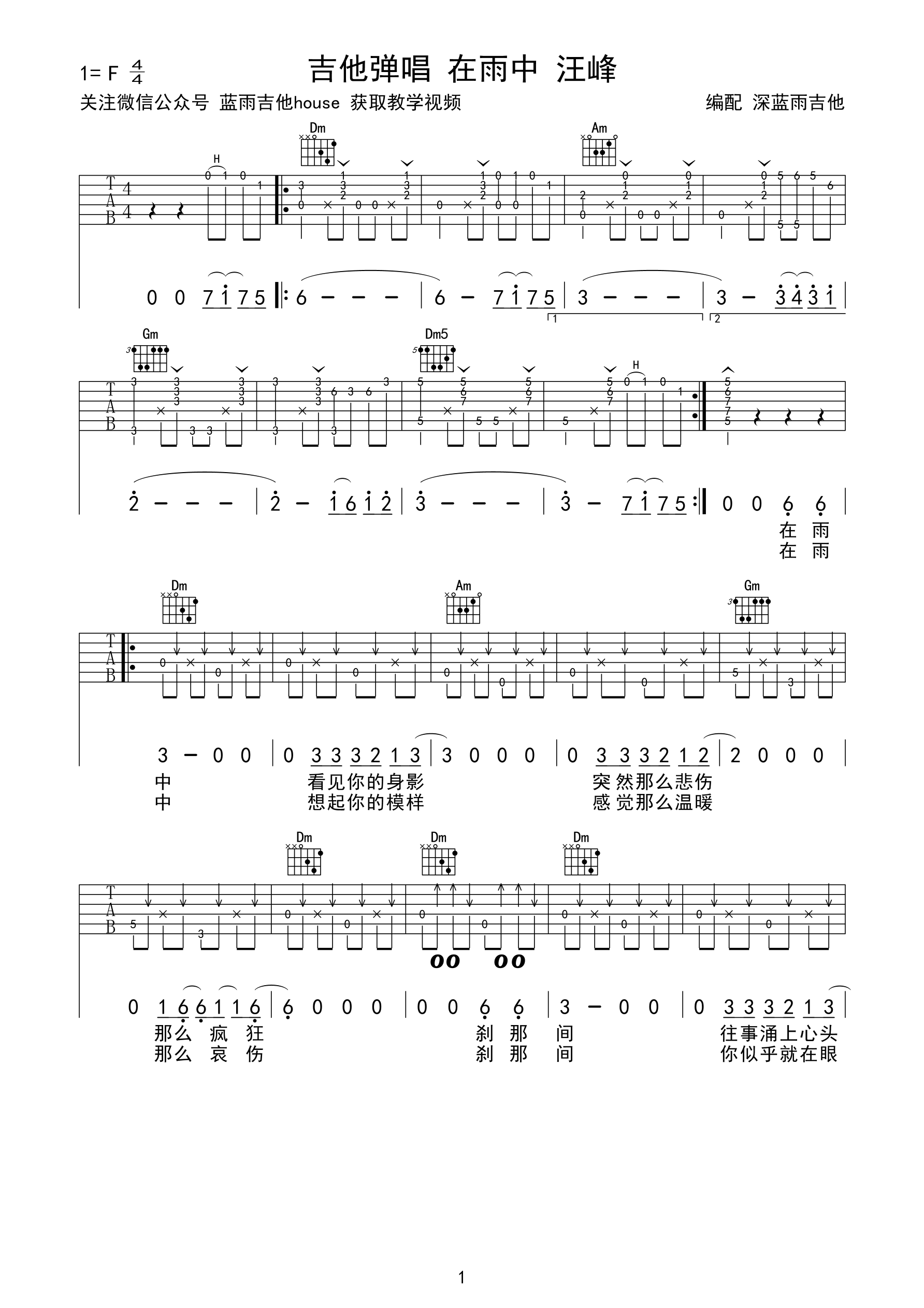 《在雨中 汪峰 深蓝雨吉他弹唱版吉他谱》_群星_F调_吉他图片谱1张 图1