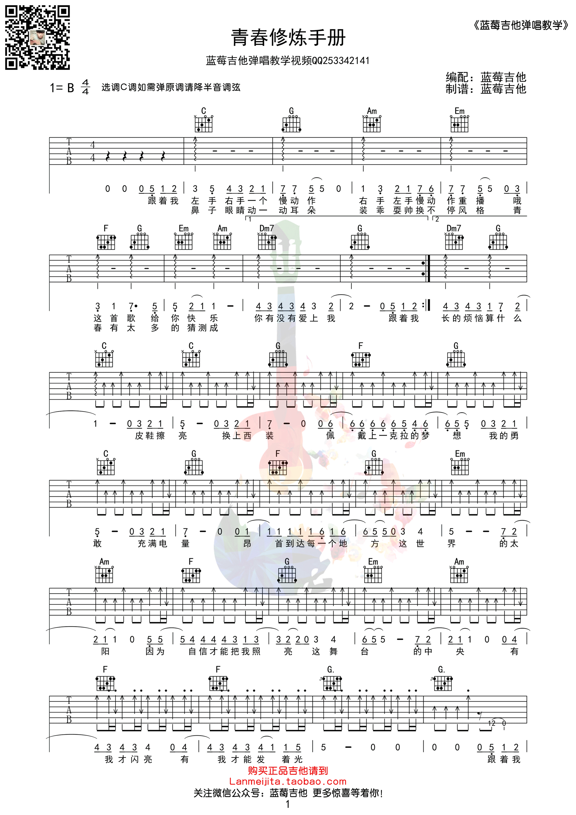 青春修炼手册tfboysc调蓝莓吉他弹唱教学版吉他谱群星吉他图片谱1张