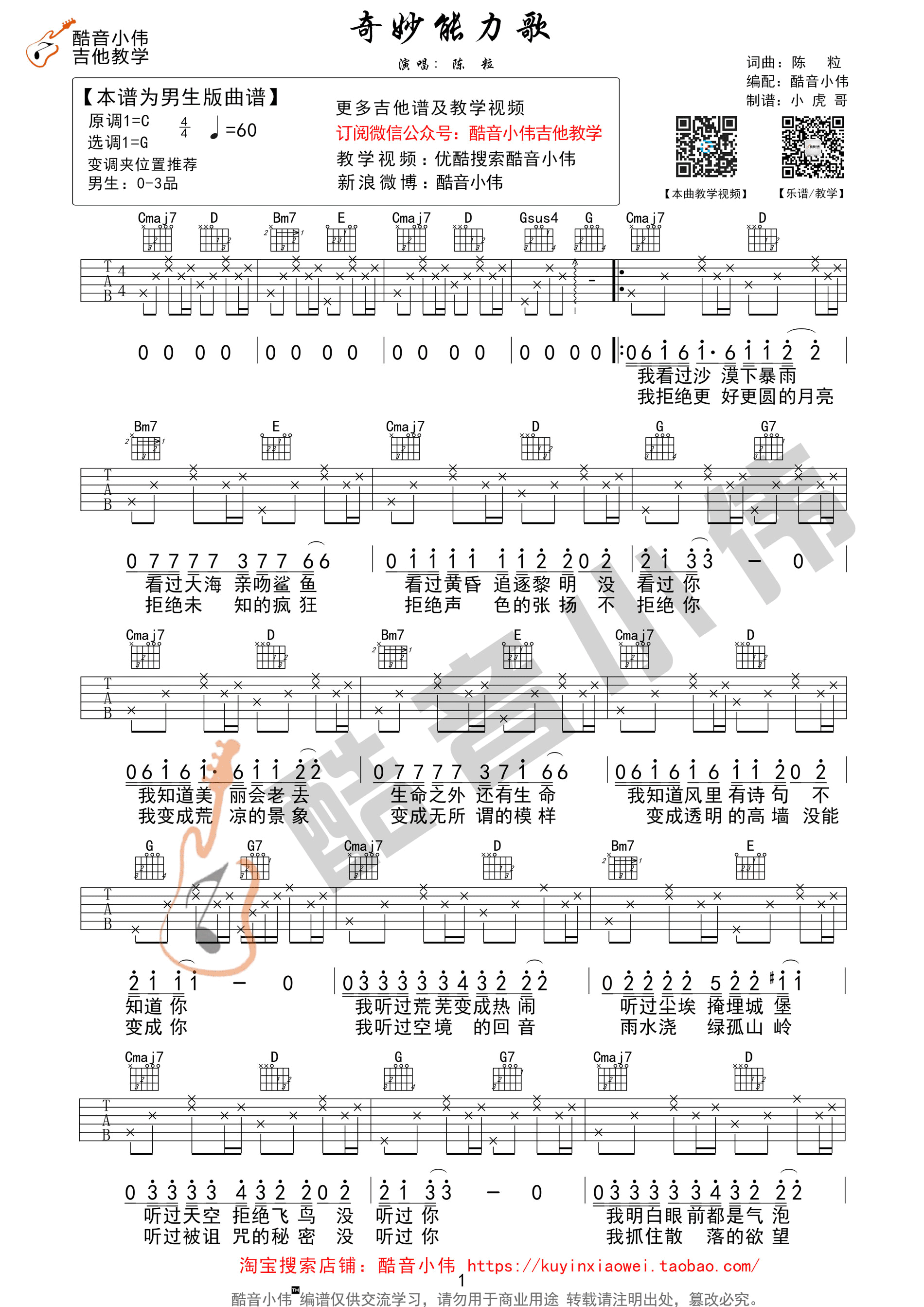《奇妙能力歌 陈粒 G调男生版（酷音小伟吉他教学）吉他谱》_群星_G调_吉他图片谱1张 图1