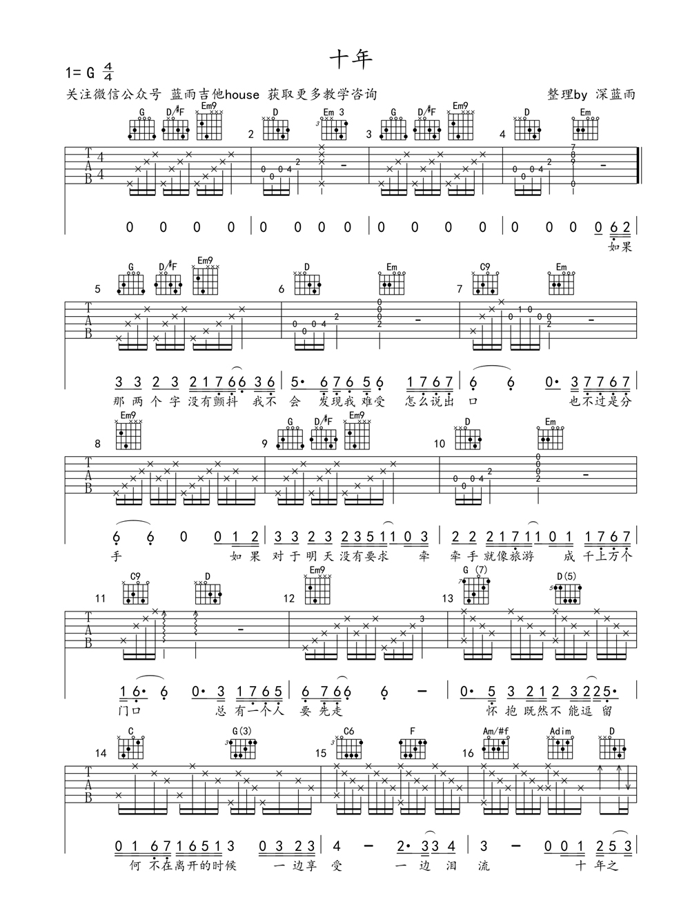 《十年 陈奕迅 G调深蓝雨吉他弹唱版吉他谱》_群星_G调_吉他图片谱1张 图1