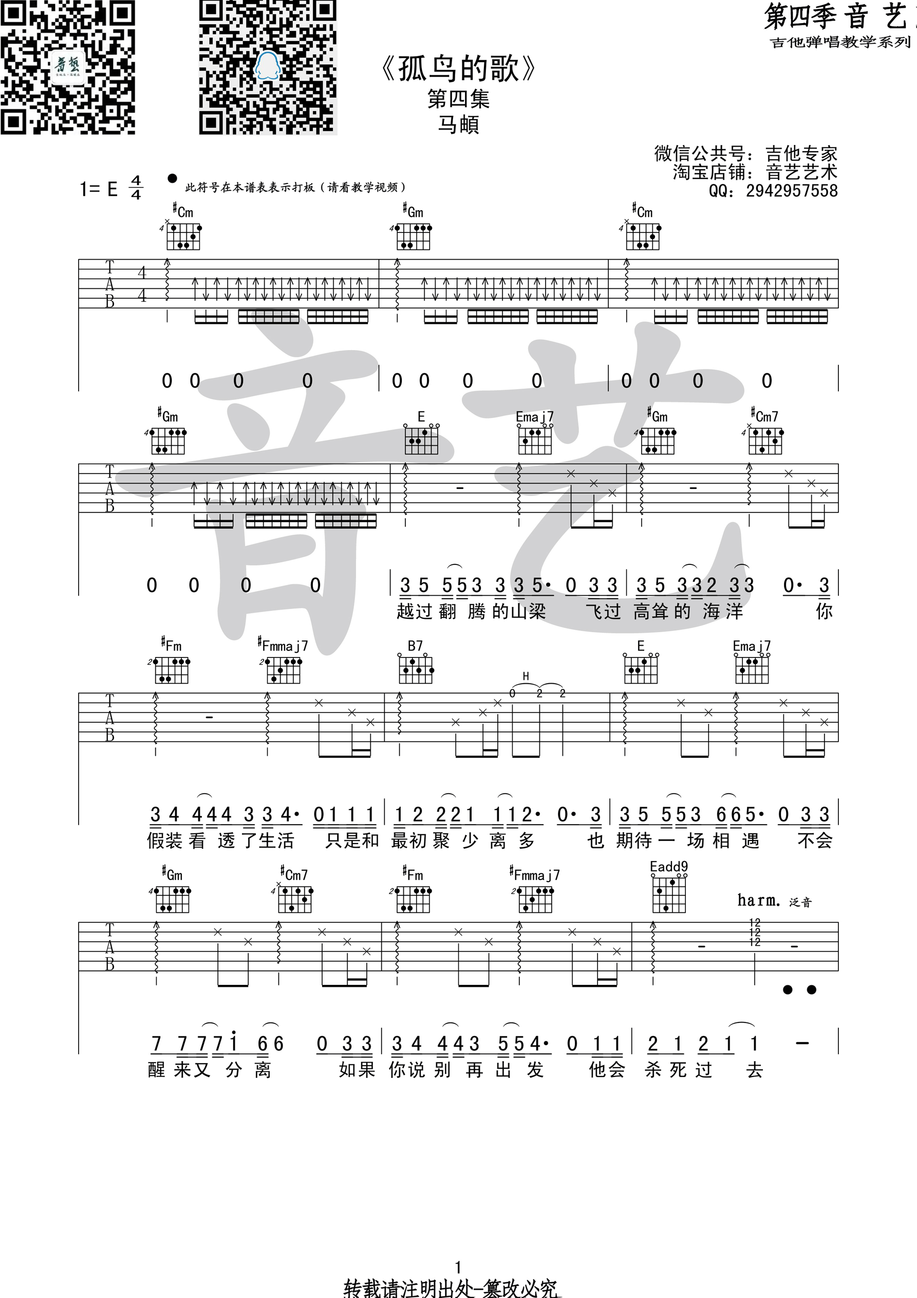 《鸟之诗》吉他谱（附吉他视频教程—《鸟之诗》指弹吉他谱） | 汤米吉他