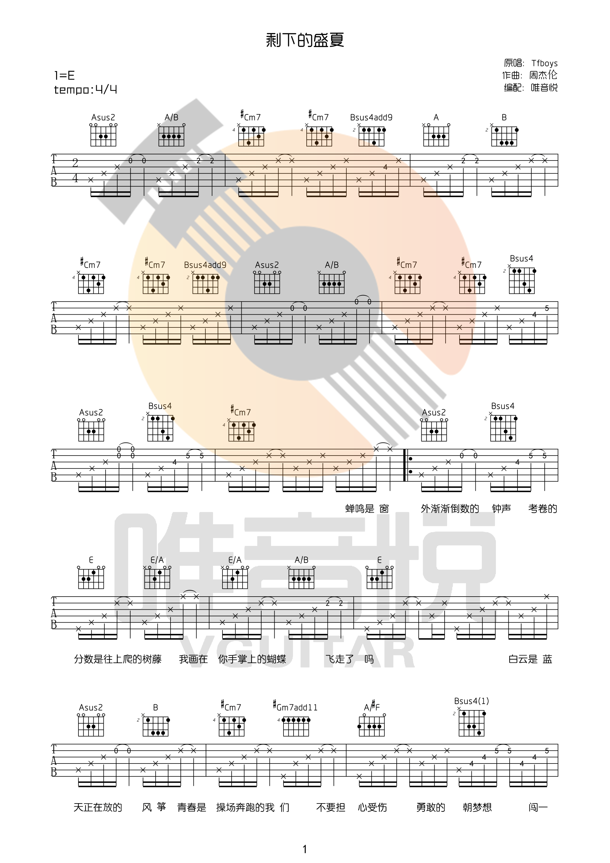 《剩下的盛夏 Tfboys吉他谱》_TFBOYS_E调_吉他图片谱1张 图1