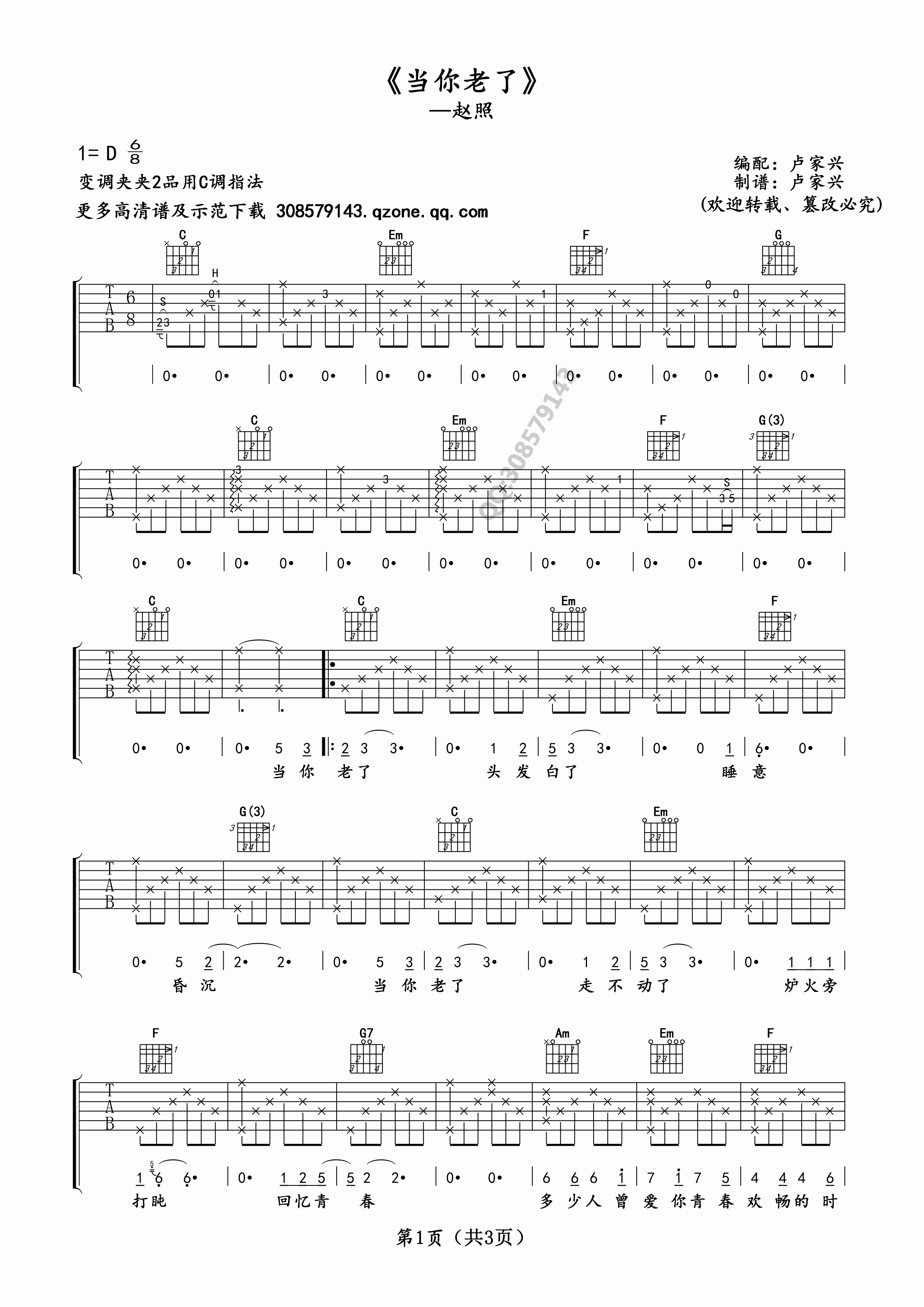 《赵照 当你老了 C调卢家兴编配版吉他谱》_群星_C调_吉他图片谱1张 图1