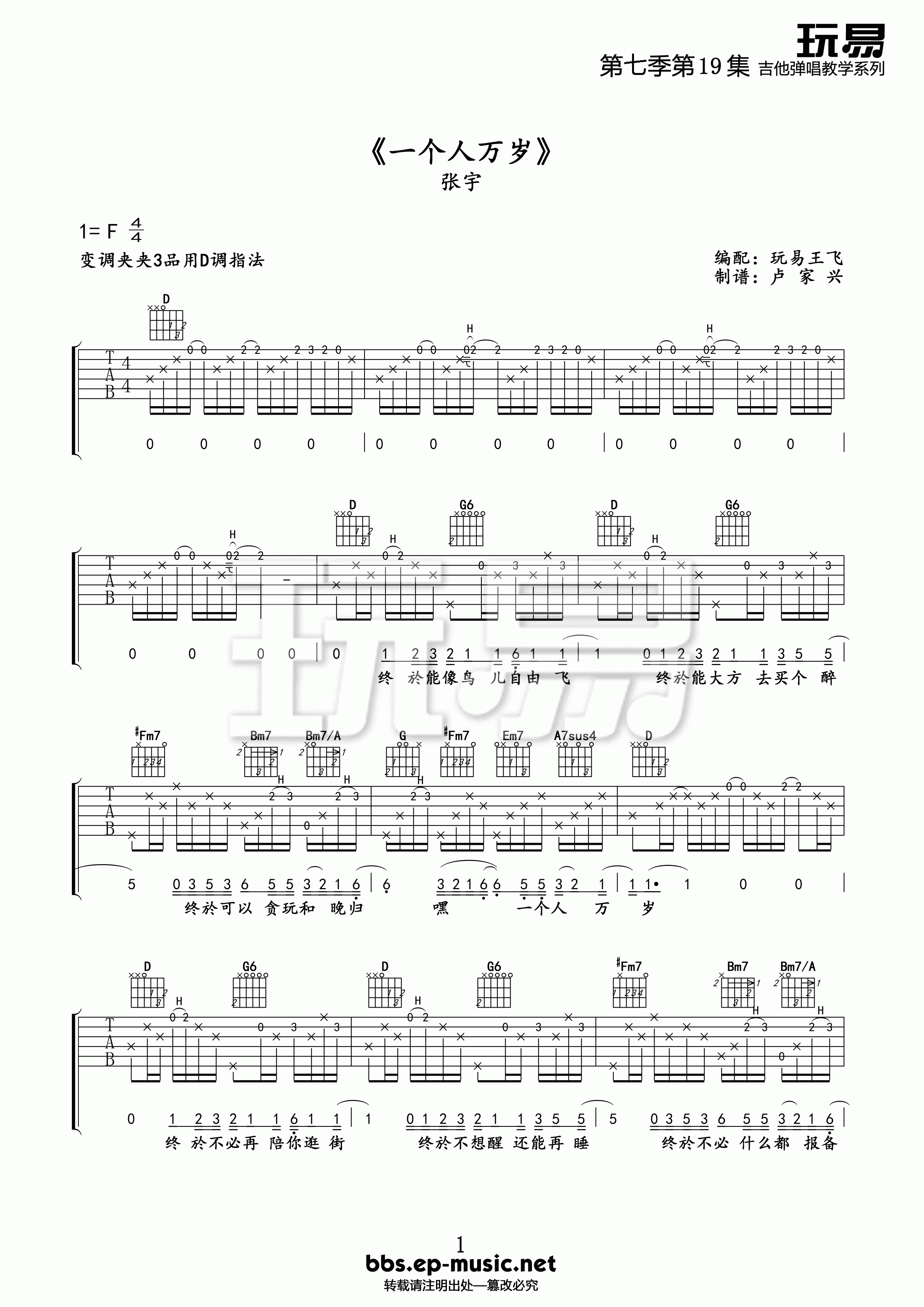 《张宇 一个人万岁 玩易吉他版吉他谱》_群星_F调_吉他图片谱1张 图1